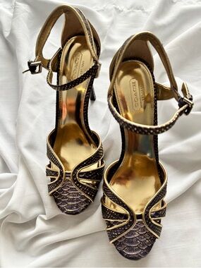 COACH Gold and Brown Embellished Women's Ankle-Strap Heels
